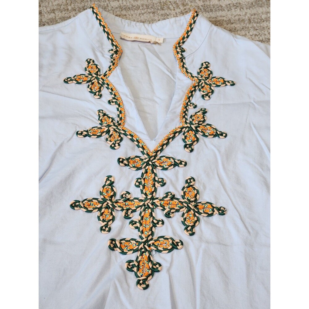 Tory Burch Light Blue Embroidered V-Neck Cotton Tunic Size 12 Boho Resort - Picture 6 of 12